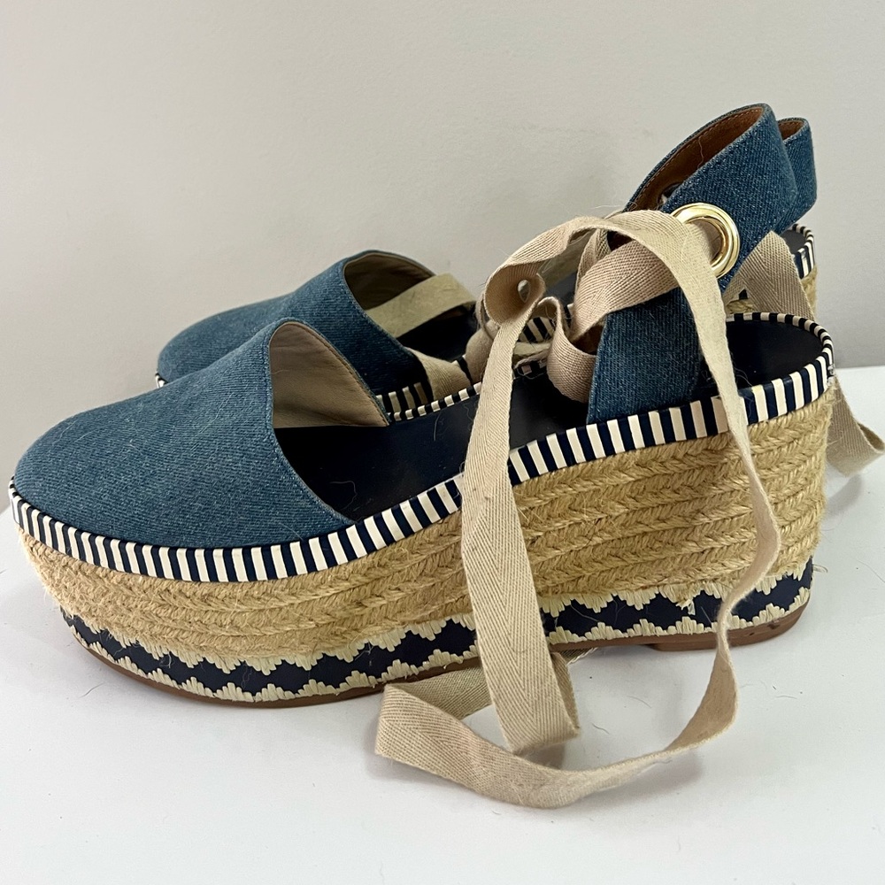 Tory Burch denim tie up wedges sandals 10